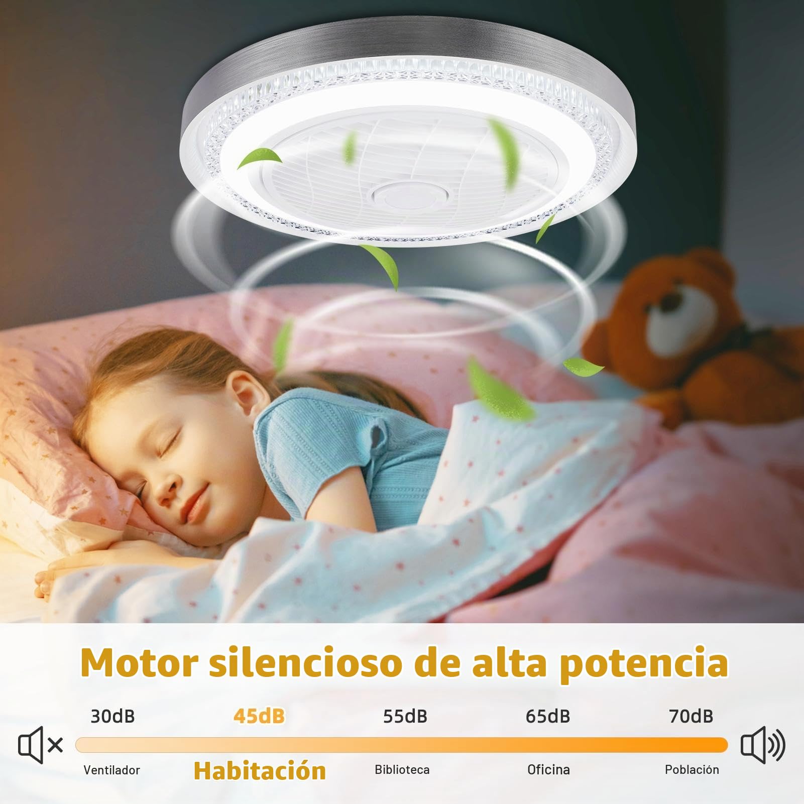 Lampara de techo con Ventilador | 3000K-6500K Plafon LED | Ø50cm Ventiladores Techo con Luz y Mando, 6 Velocidades, Tiempo, Silencioso, LED Ceiling Fan with light para Dormitorio Cocina Salon
