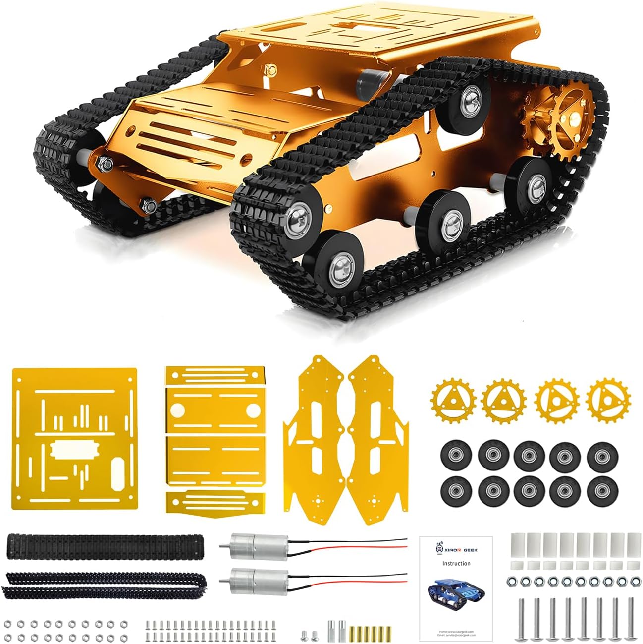 Tank Car Chassis with Motor, Shock Absorbing Robot Chassis Full-Metal Robotic Moving Platform Track Chassis for RaspberryPi Arduino DIY Maker Smart Robot Car Chassis Kit (Gold, with DC Motor)