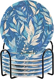 Juego de 6 posavasos absorbentes con diseño de hojas de color azul claro para mesa de madera con soporte, posavasos de algodón para decoración del hogar