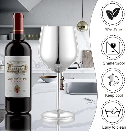 Miniatura 5 de Juego de 4 copas de vino de acero inoxidable irrompibles de 18 onzas, copas de vino de metal únicas para exteriores, viajes, camping, piscina,