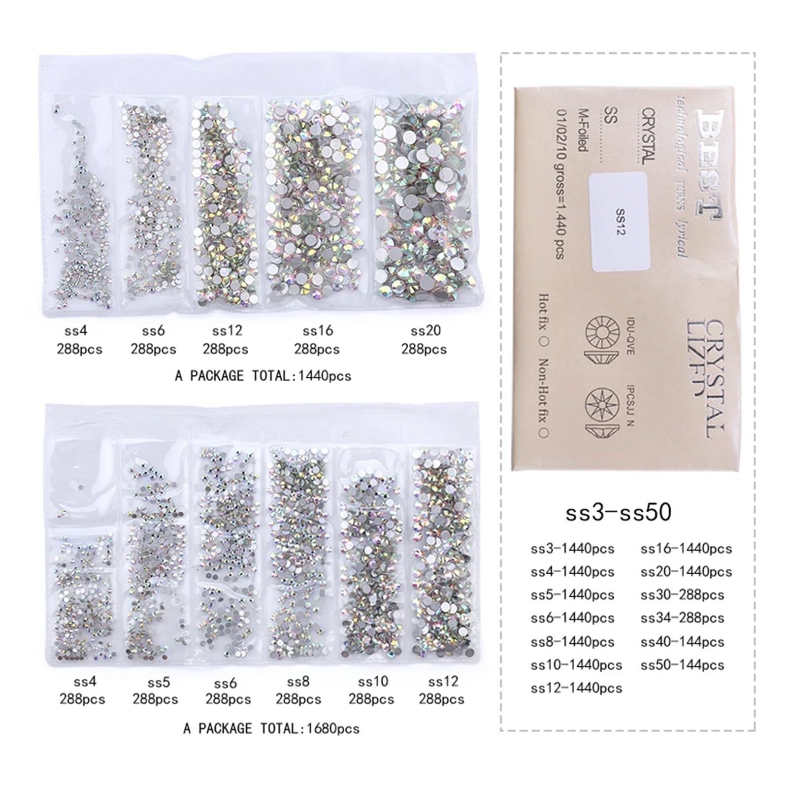 Piedras De Strass Hotfix Piedras de imitación con brillantina, cristal AB, sin fijación en caliente, parte trasera plana, for costura y telas, for prendas, decoración uñas(SS30-288PCS)