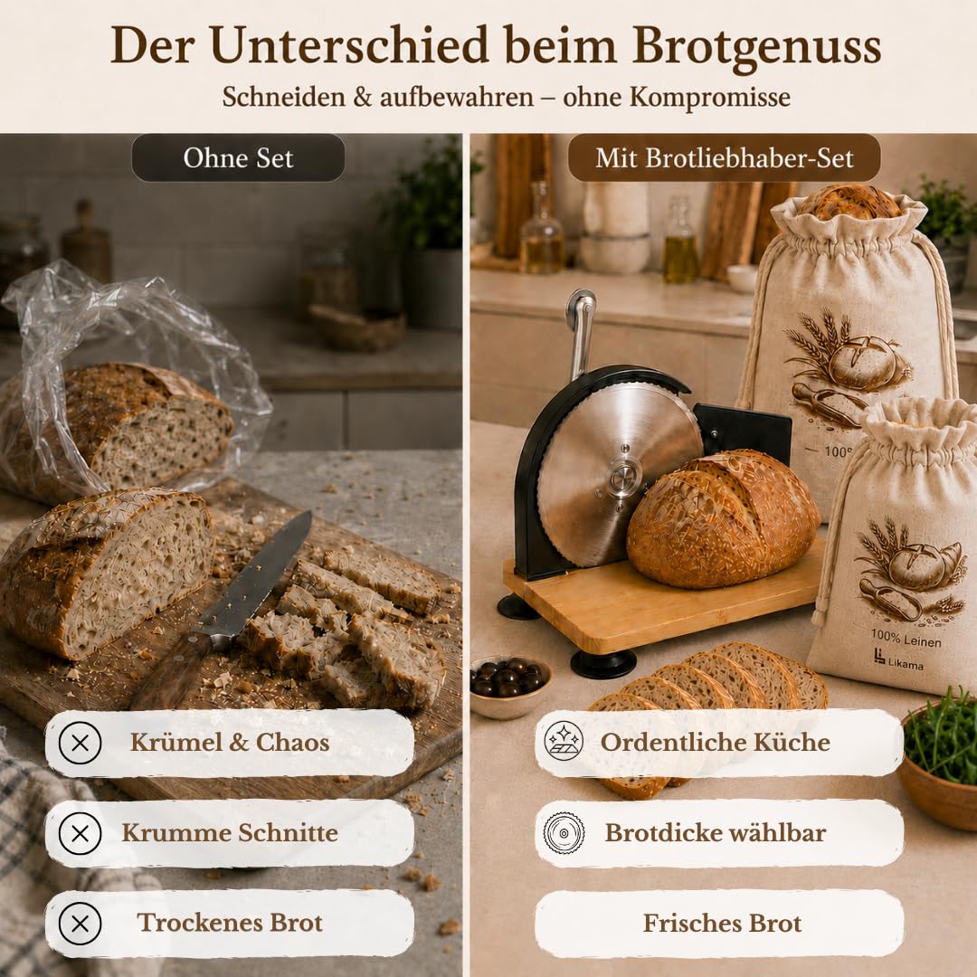Likama Brotschneidemaschine manuell Edelstahl mit Kurbel, Set mit 2 Brotbeutel aus Leinen, bread slicer ohne Strom, Brotmaschine, Allesschneider, Schneidemaschine (Schwarz)