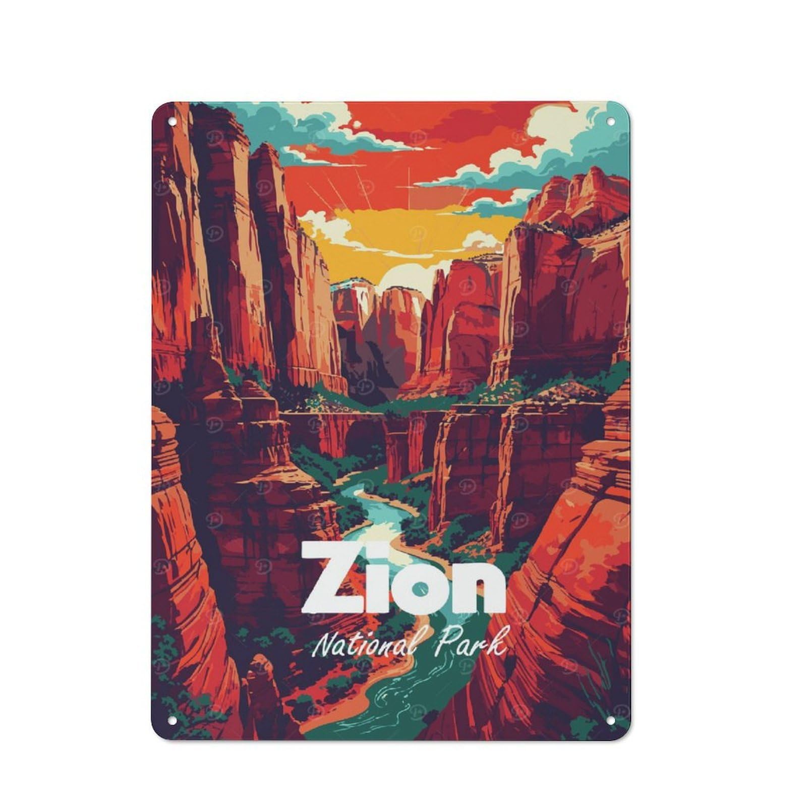 Junmoney Style-2 Tin Wall Plaque 40X30cm With Zion National Park Illustration For Hobby Room Or Studio, For Kitchen, Dining Room And Home Bar Wall Decor