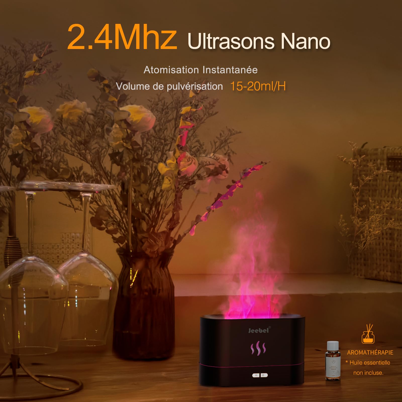 Jeebel Diffuseur d'Huile Essentielle 180ml Mini Humidificateur Ultrasonique d'air Arôme, Lumière de Atmosphère Nocturne de Effet Spécial Simulation Flame pour Aromathérapie Parfum de Maison Chambre