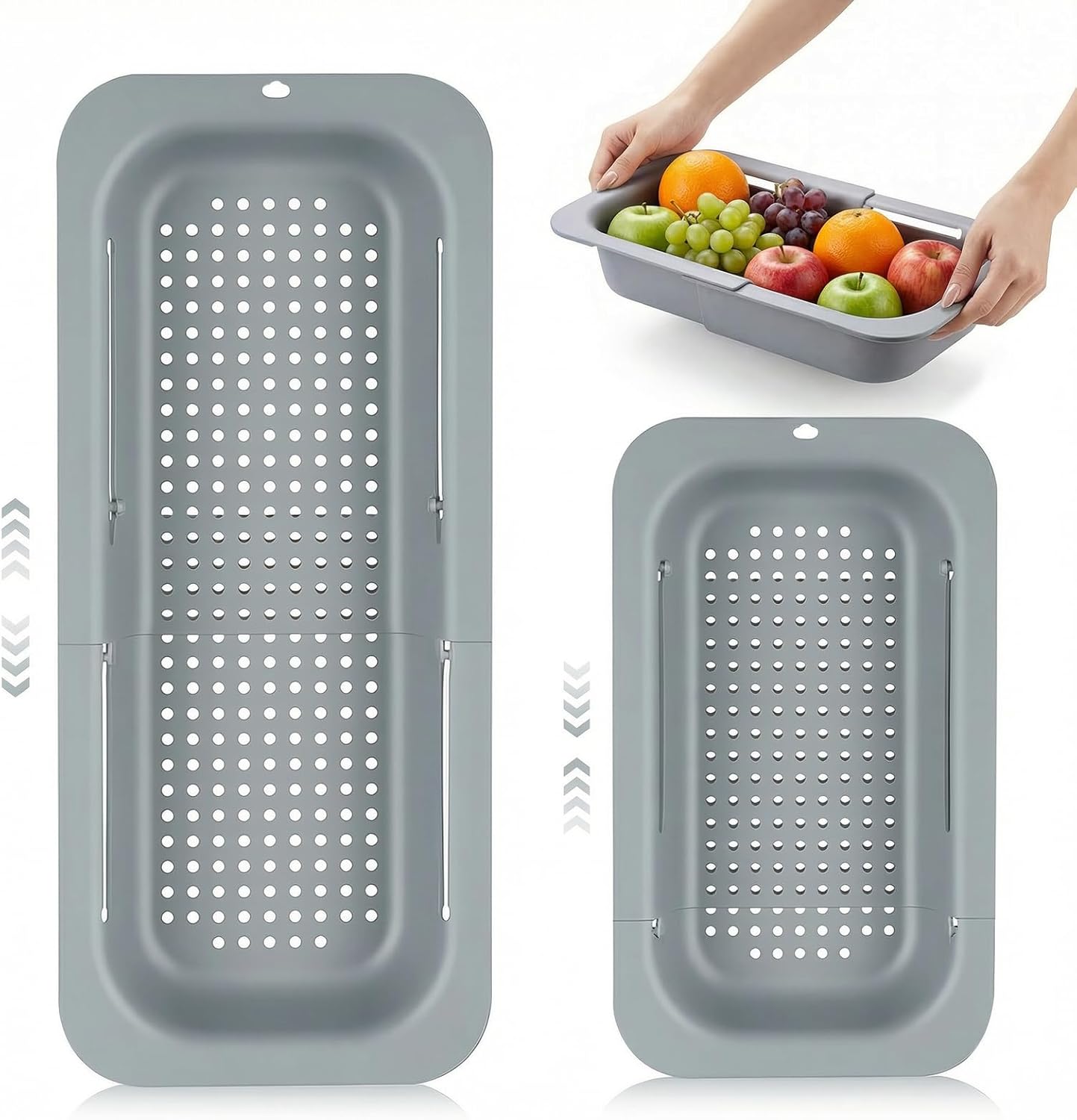 Extendable Over Sink Colander, 13.58"-18.9" Adjustable Strainer Basket for Washing Fruits & Draining Pasta, Fits Most Kitchen Sinks (Grey, 2 Pack)
