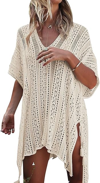 YULOONG Womens Swimsuit Cover Ups Bohemia Sarong Sexy V Neck Beach Bikini Swimwear Crochet Dress One Size
