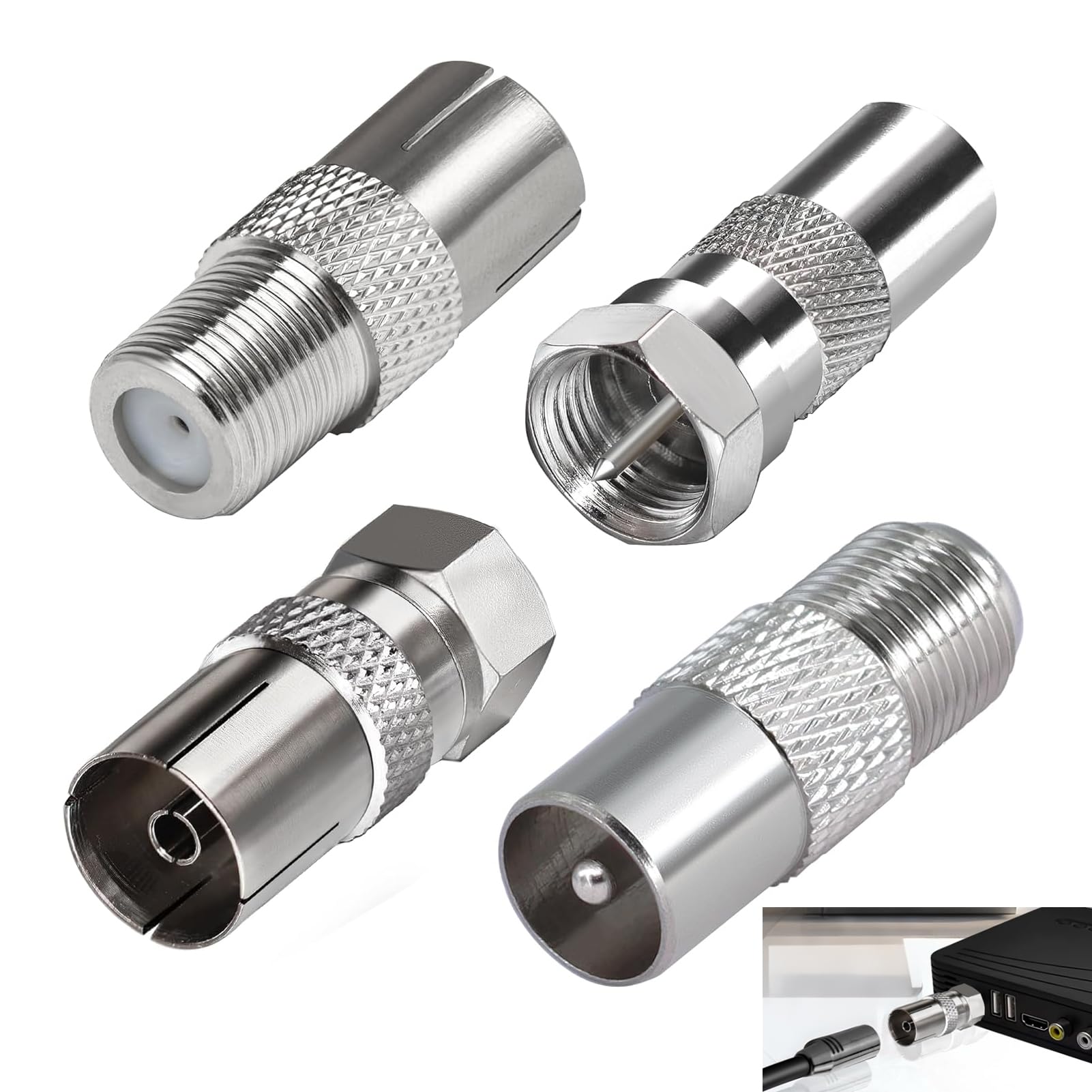 4 Pièces Adaptateur d’Antenne TV F Mâle vers Femelle, Adaptateur Coaxial TV, Connecteur Coaxial RF Nickelé pour Câble Satellite TNT Modem Routeur Récepteur, Raccord Antenne Murale Audio Vidéo