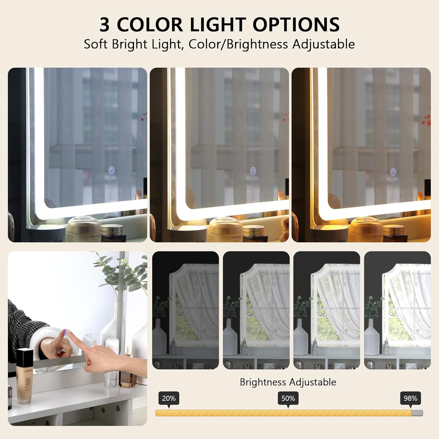 Vanity with Lights - 3 Color Light Options Adjustable Brightness Vanity Desk, Sturdy Makeup Vanity with Large Drawer and Soft Cushioned Stool for Women Girls, 27.6''L x 15.8''W x 54.5''H, White : Home & Kitchen