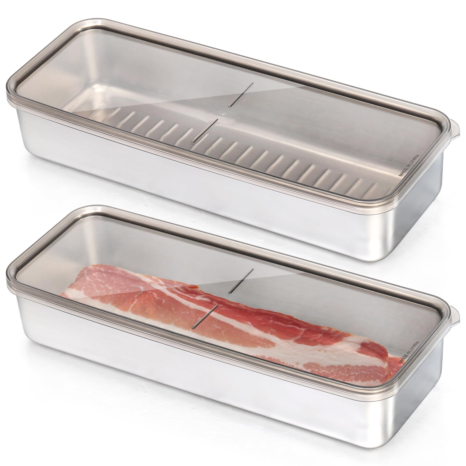 Cididu 2 Pack Bacon Container for Refrigerator, Food Grade 304 Stainless Steel Deli Meat Storage Keepers for Fridge, BPA Free Long Food Storage Container with Lids for Fruit Vegetables Meat Cheese