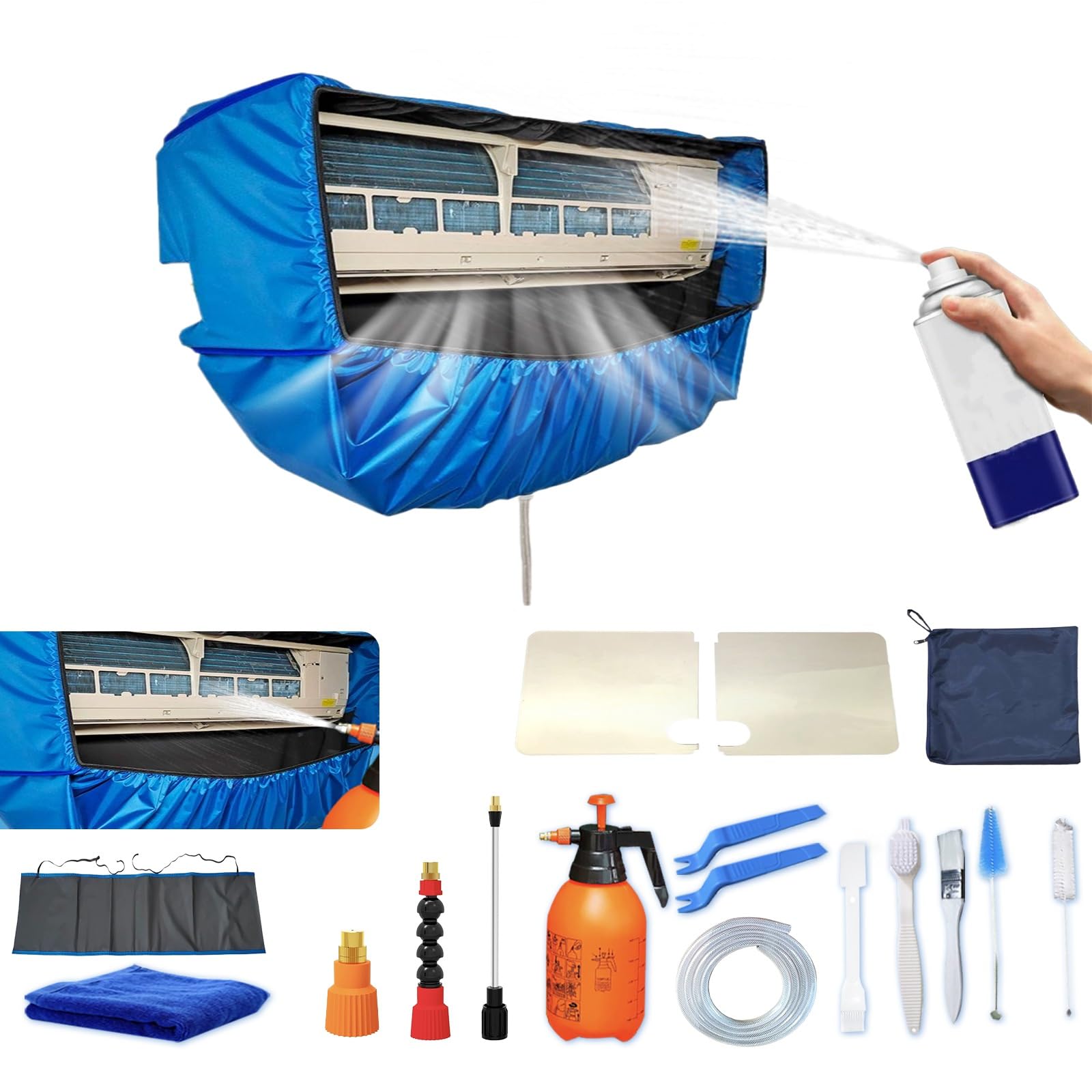 Sacco Kit Per Pulizia Split Condizionatore(Pannelli Laterali Migliorati),Sacco Pulizia Climatizzatore Spazio Extra (blu scuro, piccolo, 18 pezzi)