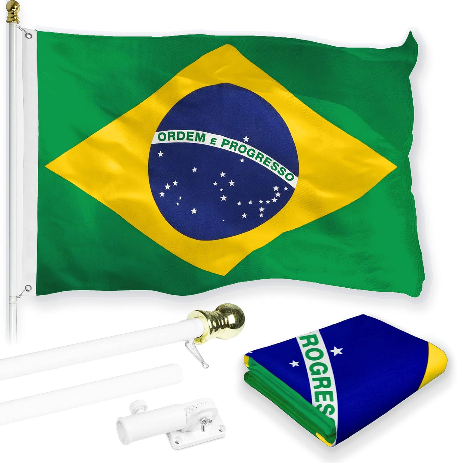 G128-6 Feet Spinning Flagpole (White) Brazil 150D Flag Brass Grommets Printed 3x5 ft (Flag Included) Aluminum Flag Pole