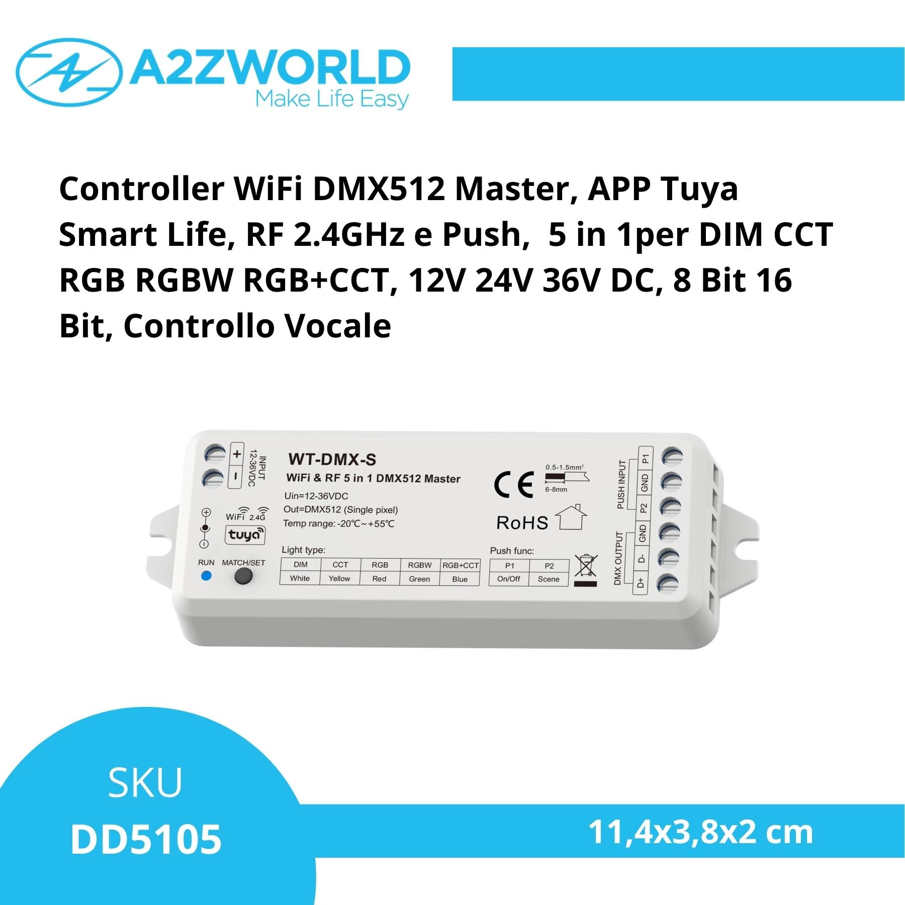 Controlador WiFi DMX512 Master, App Tuya Smart Life, RF 2.4 GHz y botón pulsador NO, 5 en 1 para DIM CCT RGB RGBW RGB+CCT, 12 V, 24 V, 36 V CC, 8 bits 16 bits, control por voz