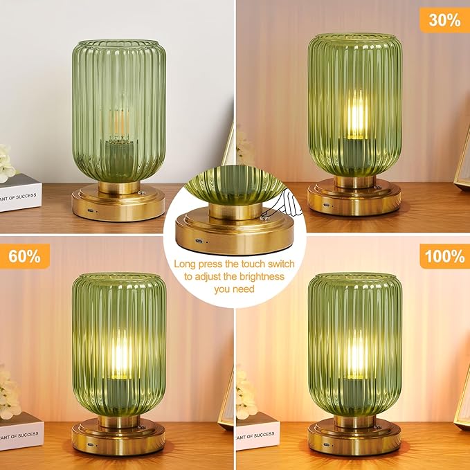 LightRound Cordless Table Lamp for Bedroom, 7500mAh Rechargeable Battery Operated Lamp, Modern Touch Dimmable Wireless Lamp Gold Base Green Glass Shade for Living Room, Desk, Led Bulb Included photo 2