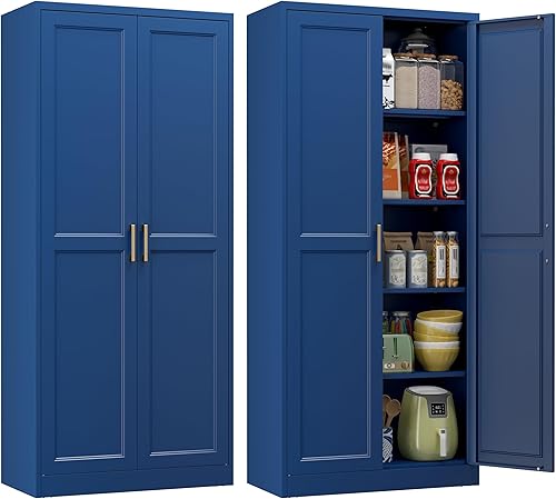 Miniatura 29 de Armario de despensa de cocina, gabinete de almacenamiento de metal de 75 pulgadas de alto con puertas y estantes, 4 pies de pie, armario para