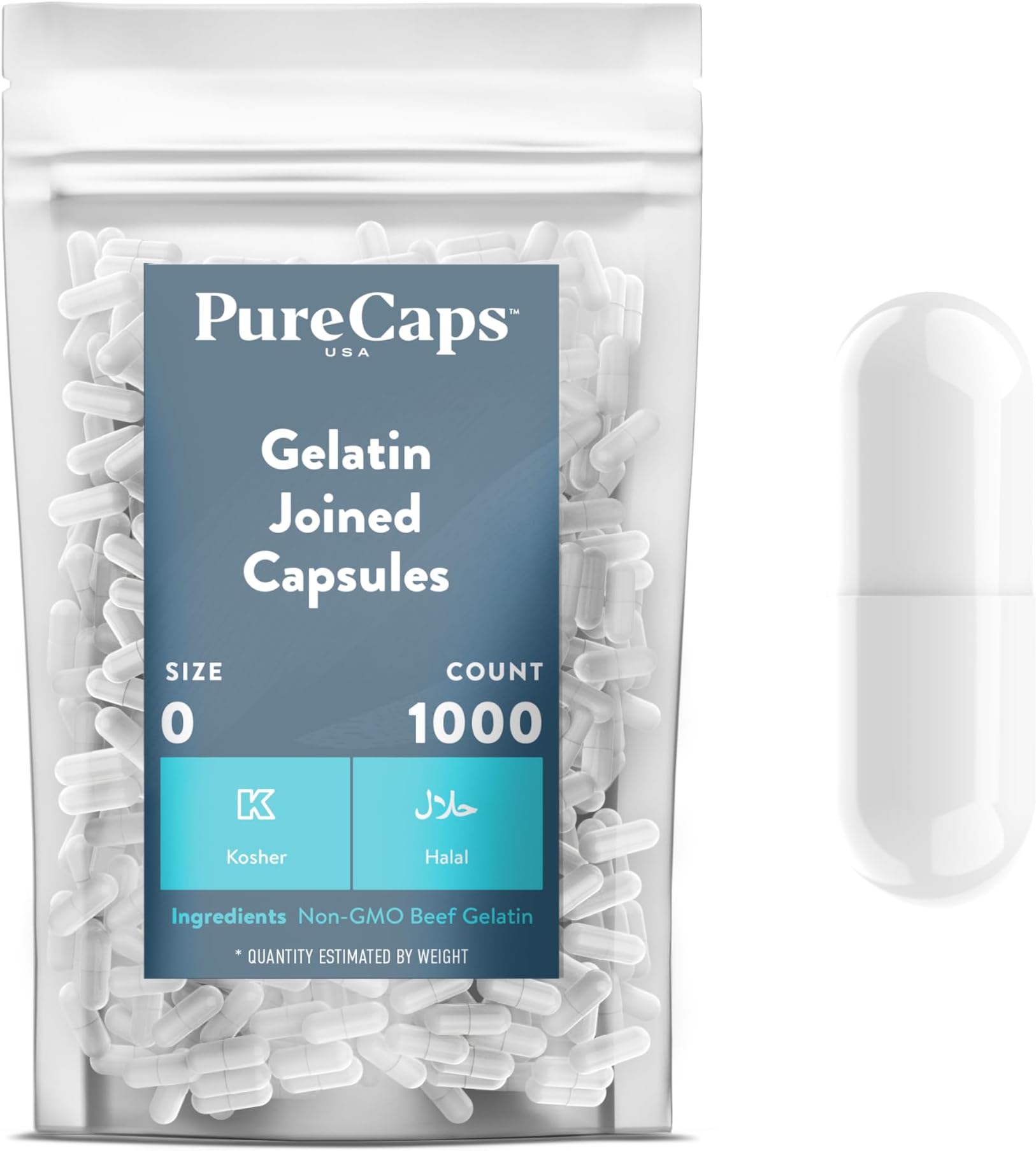 PureCaps USA – Empty White Gelatin Pill Capsules - Fast Dissolving and Easily Digestible - Preservative Free with Natural Ingredients - (1,000 Joined Capsules) - Size 0