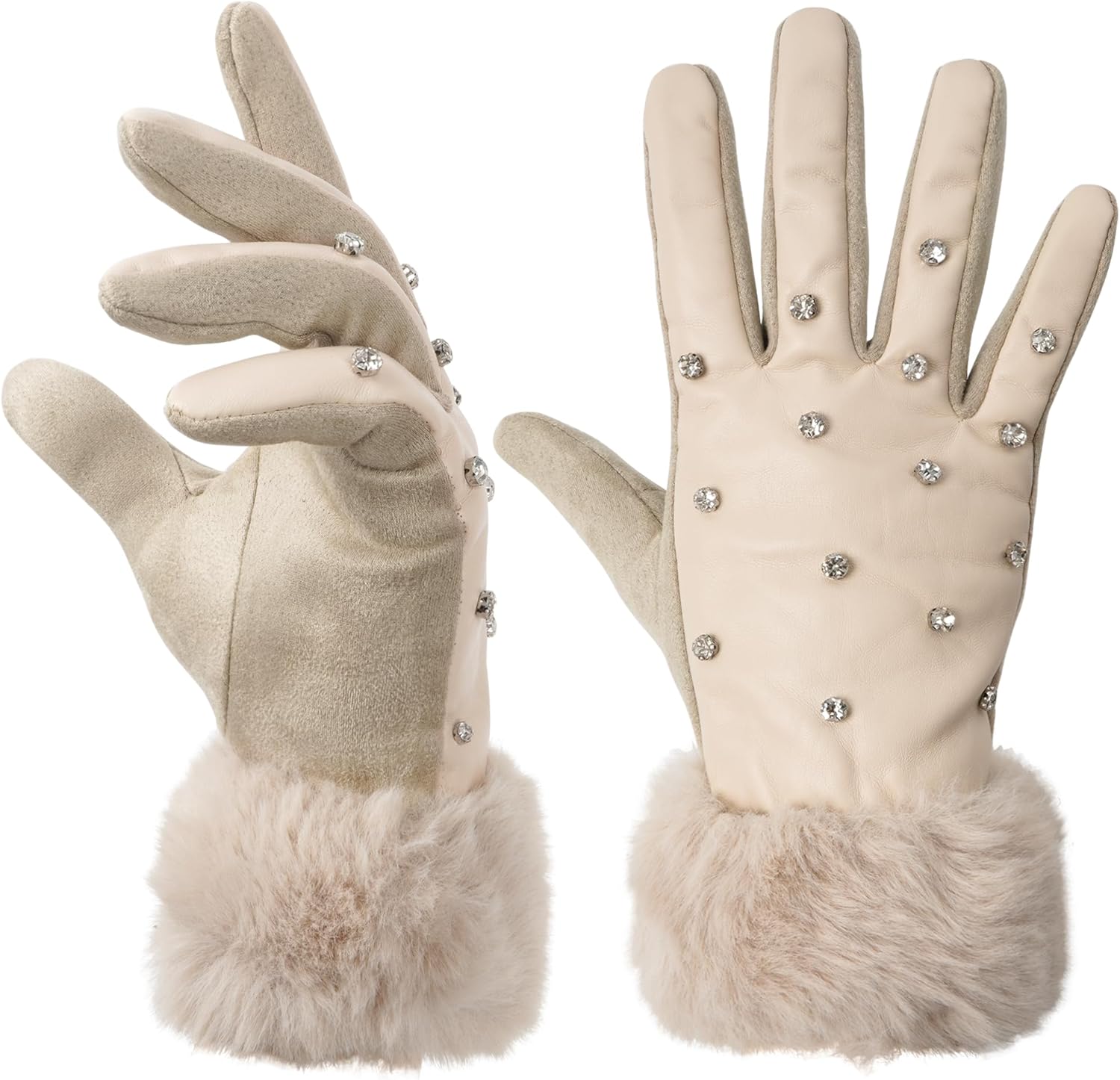 Women's Touchscreen Gloves 5-Finger sparkly Rhinestone Winter Gloves Faux Fur Cuff Plush Fleece Lined Driving Gloves