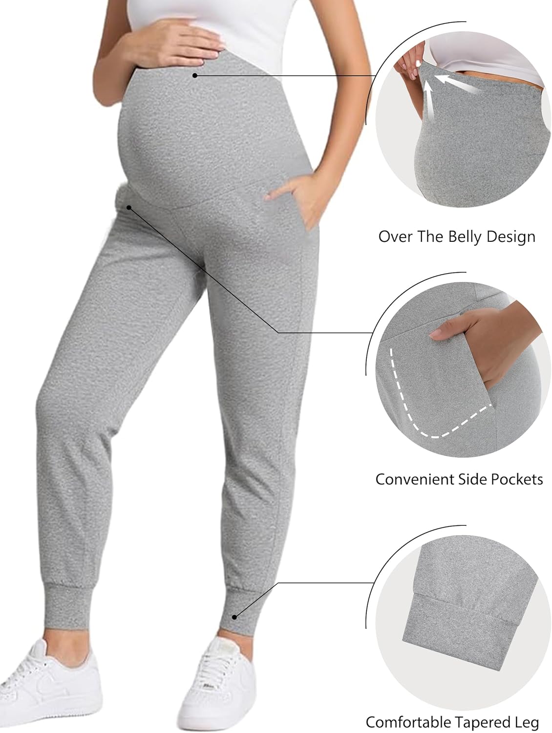Peauty Women's Maternity Pants with Pockets,Over The Belly Stretchy Maternity Activewear Jogger Track Cuff Pregnancy Pants - Image 3