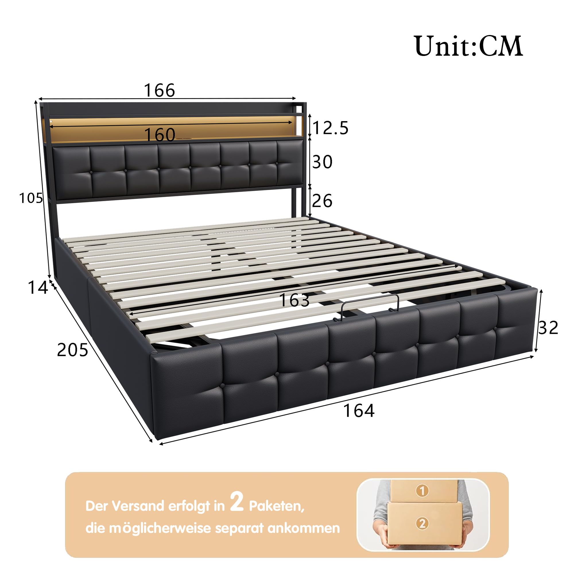 Letto matrimoniale con contenitore 160x200 con LED e USB, Letto imbottito 160x200 con contenitore idraulico, letto funzionale,Struttura letto con ripostiglio testiera e rete a doghe,PU