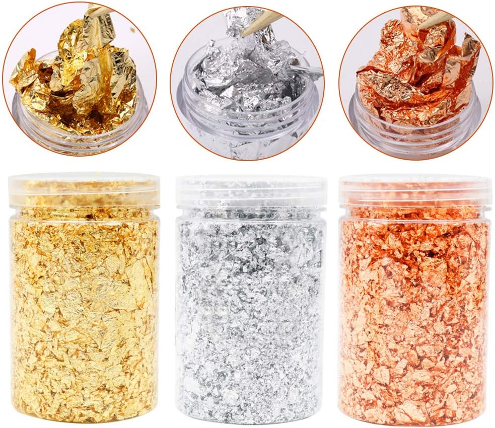 3 Bottles Gold Flakes, 5g/Bottle Gold Gilding Leaf Flake Foil Flakes Copper Metallic Leaf Flakes for Resin Art, Painting, Crafts, Nail Art Jewelry Making Decoration (5g)