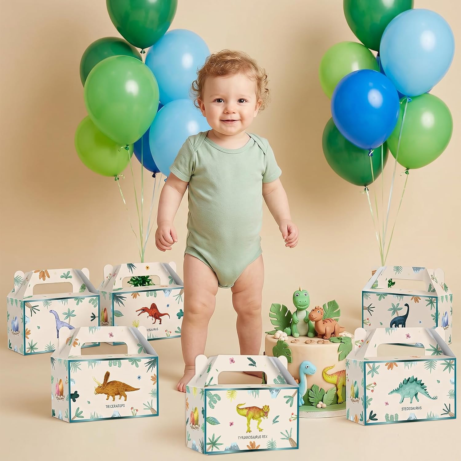 24 PCS Dinosaur Theme Birthday Party Gift Boxes Dino Design Paper Boxes Favor with Handles Colorful Watercolor Dinosaur Party Gift Goodie Boxes for Boy Girl Dino Birthday Baby Shower Treat Pouch Supplies
