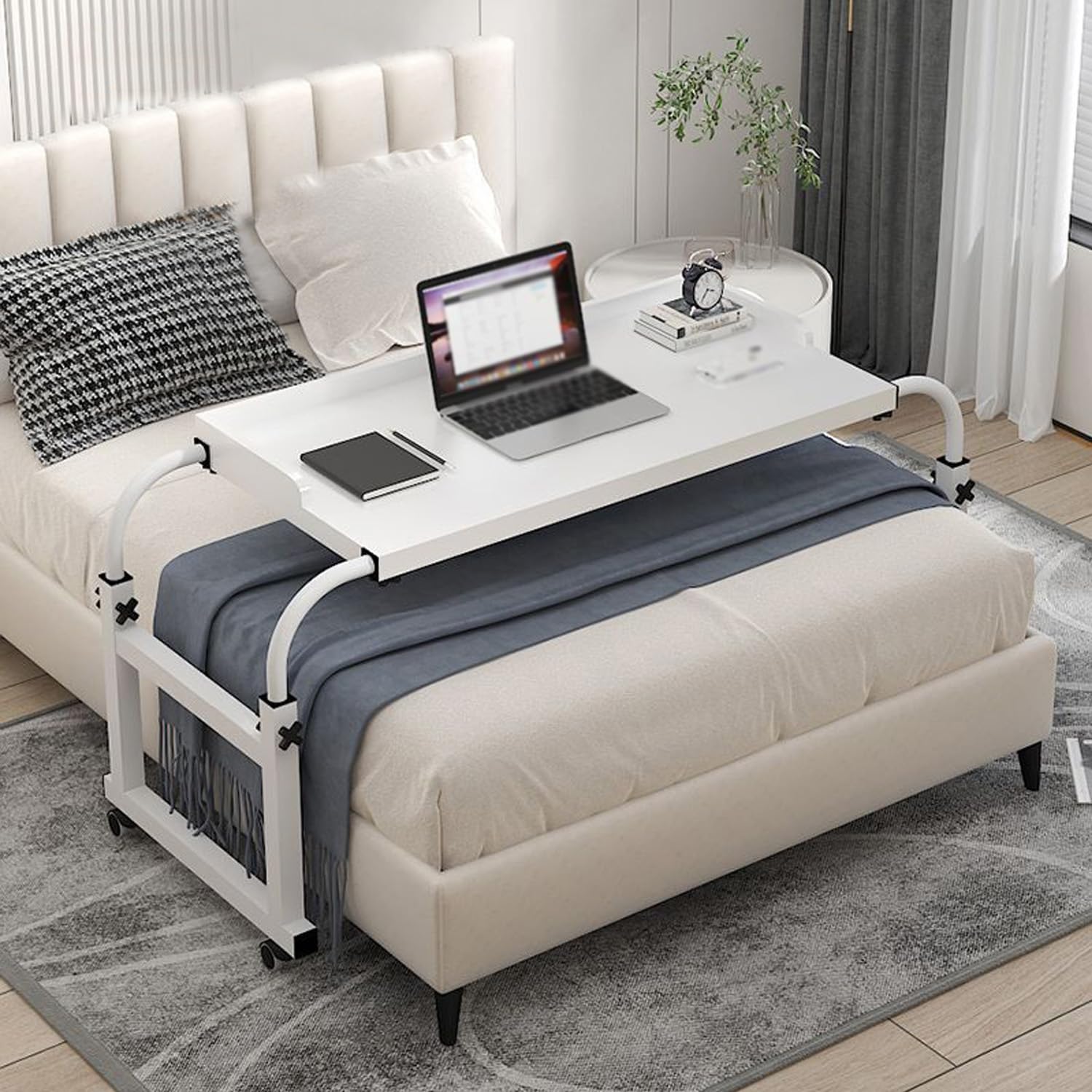 Mesas de Cama con Ruedas, Silla de Ruedas, Cama rodante, Torre de computadora, Carrito, Cama para computadora portátil, Escritorio de Altura Ajustable (Color: Blanco+)