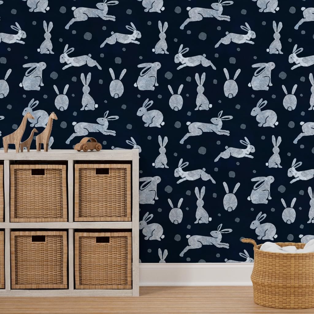 Peel & Stick Wallpaper 3ft x 2ft - Indigo Rabbits Dark Blue Bunny Snow Hare Winter Animals Custom Removable Wallpaper by Spoonflower