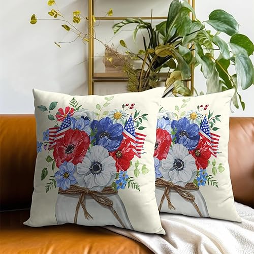 Miniatura 7 de Juego de 2 fundas de almohada para el 4 de julio, 18 x 18 pulgadas, diseño patriótico de línea de algodón con diseño de flores y bandera