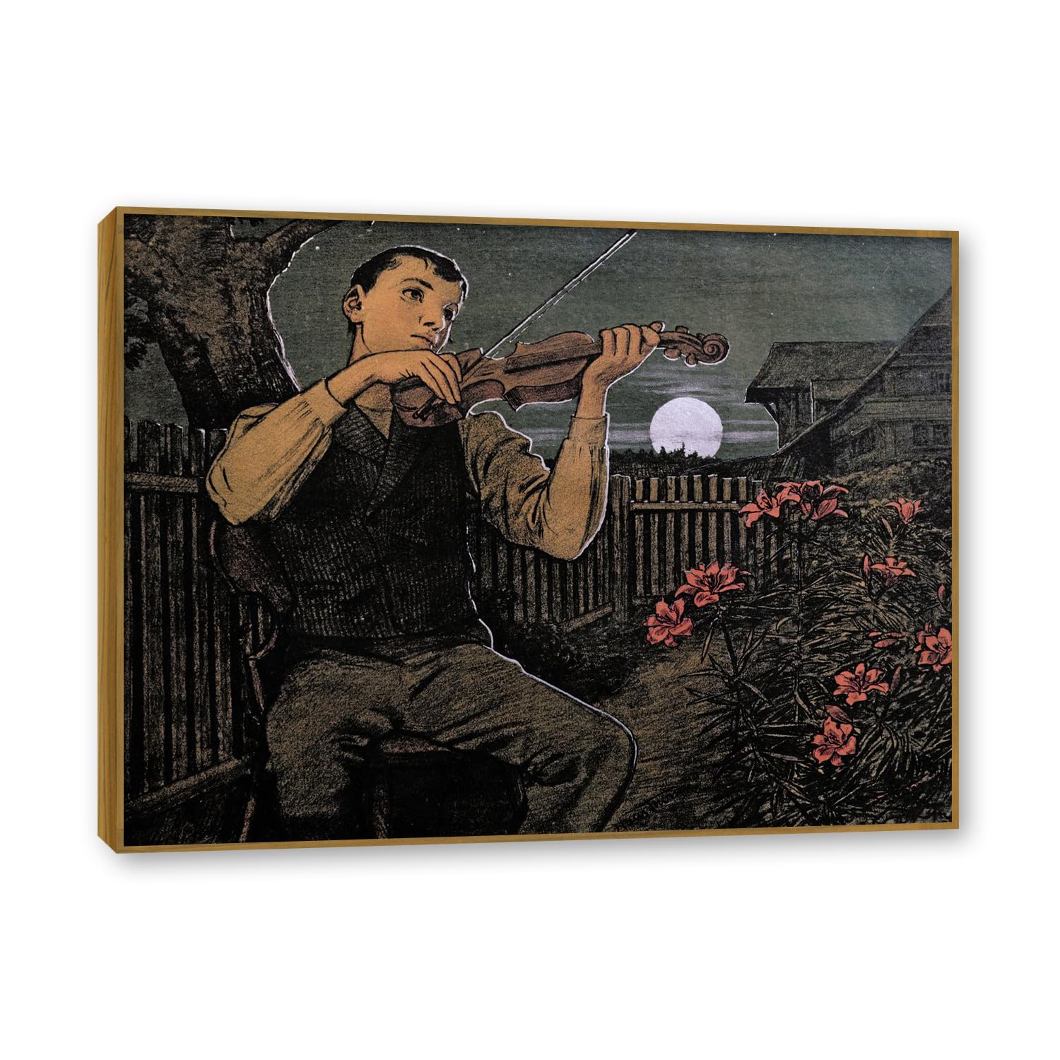 NHLDZYH Teak Frame. Hans Thoma Style Canvas Wall Art - (Violin Player to the Moon), German Romantic Realism Painting with Symbolic Nature, Rustic Country Home Decor. 60x80cm-23.7x31.5in