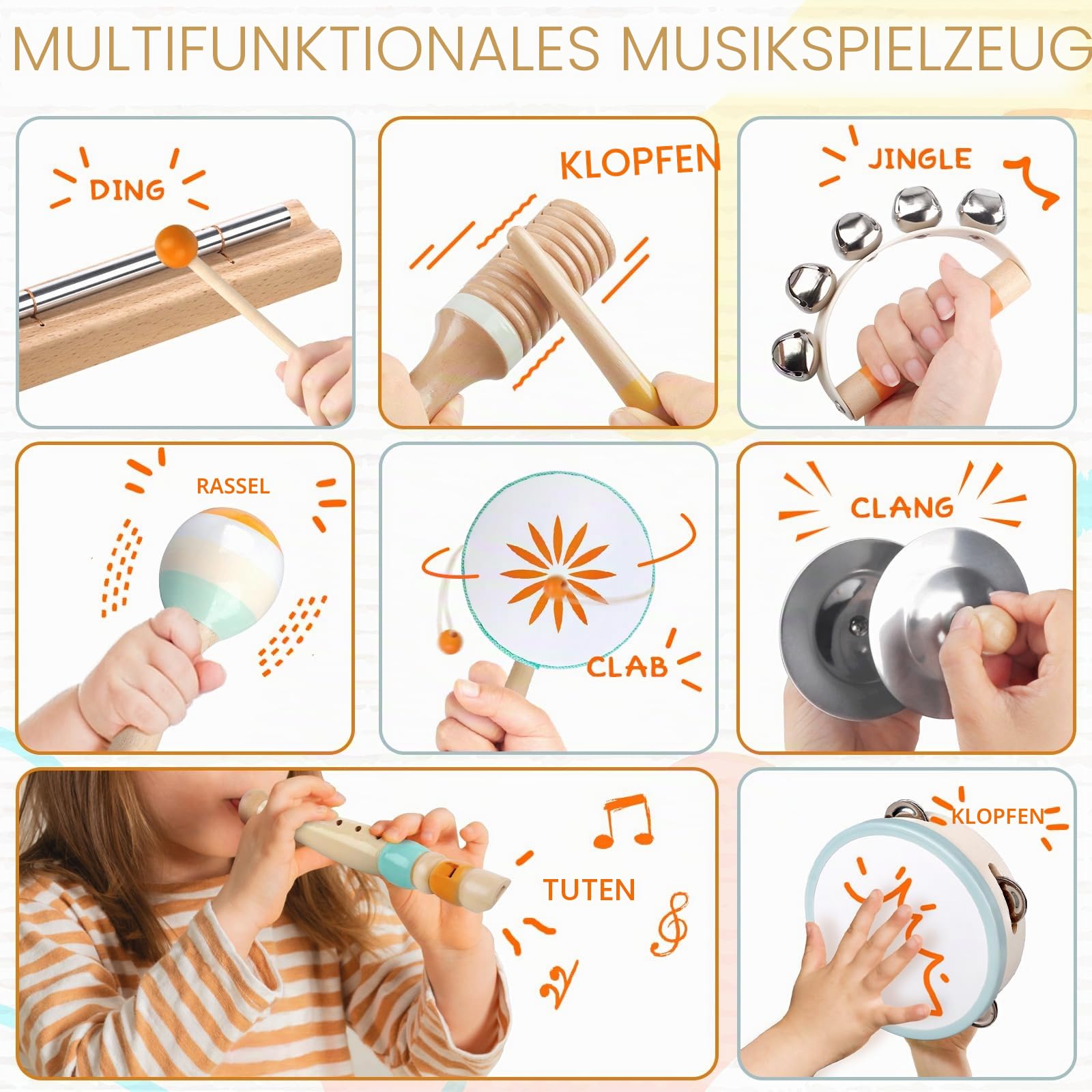 Baby Musical Instruments – Montessori Musical Toys for Toddlers, Wooden Percussion Instruments Set, Neutral Colors Music Learning Toys, Kids Preschool Educational Birthday Gifts