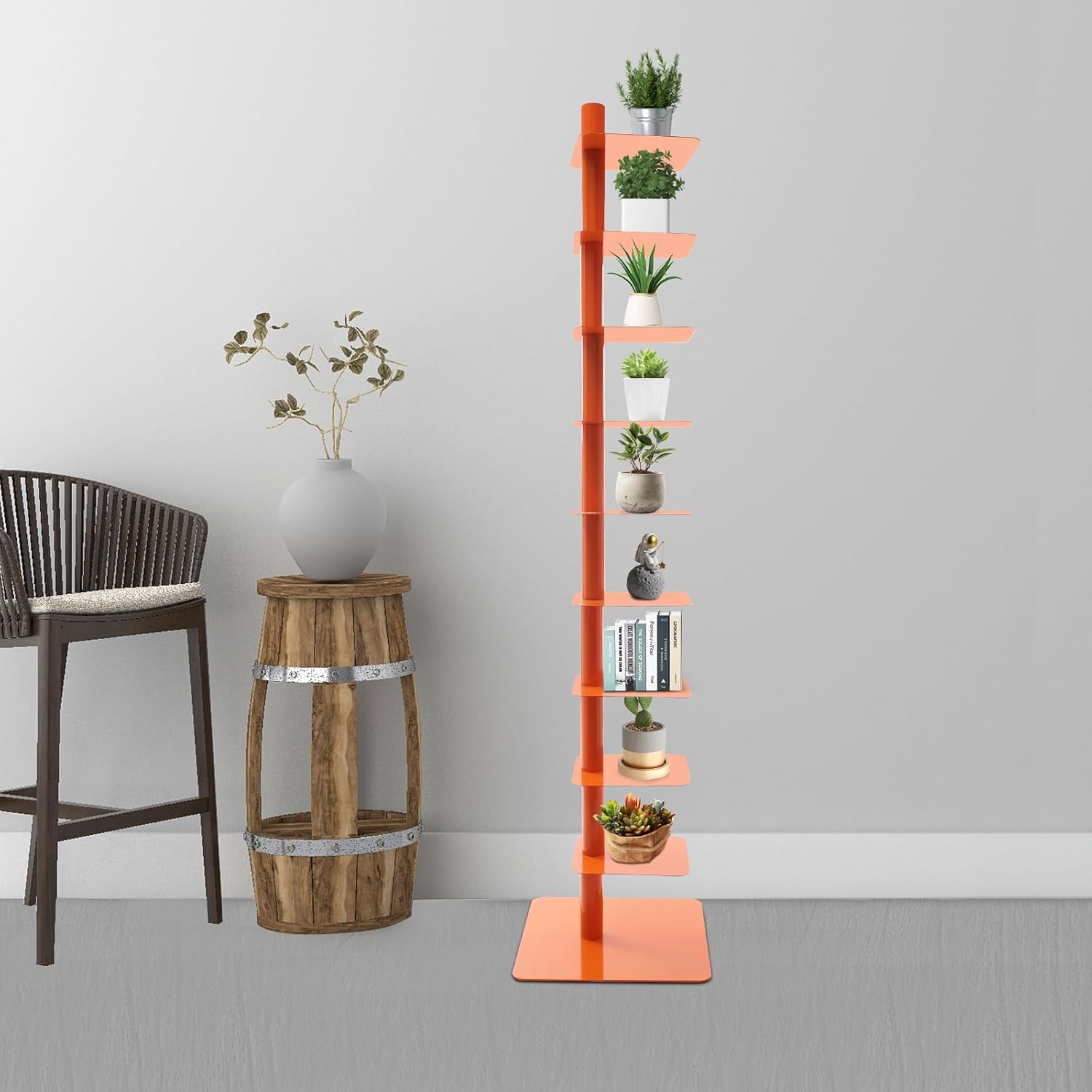 Eapmic Rotating Spine Bookshelf, 9 Tier Vertical Spine Book Tower, Metal Bookcase Organizer, Freestanding Book Shelf Storage Rack, Modern Tall Narrow Bookcase for Living Room Bedroom Office (Orange)