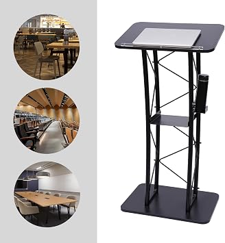 47.2''H Metal Curved Podium Stand W/Cup Holder, Black Large Curved Lectern W/Shelf, Stand Up Church Pulpit, Professional Presentation Lectern, Truss Metal Pulpit Lectern, Conference Pulpit Podium