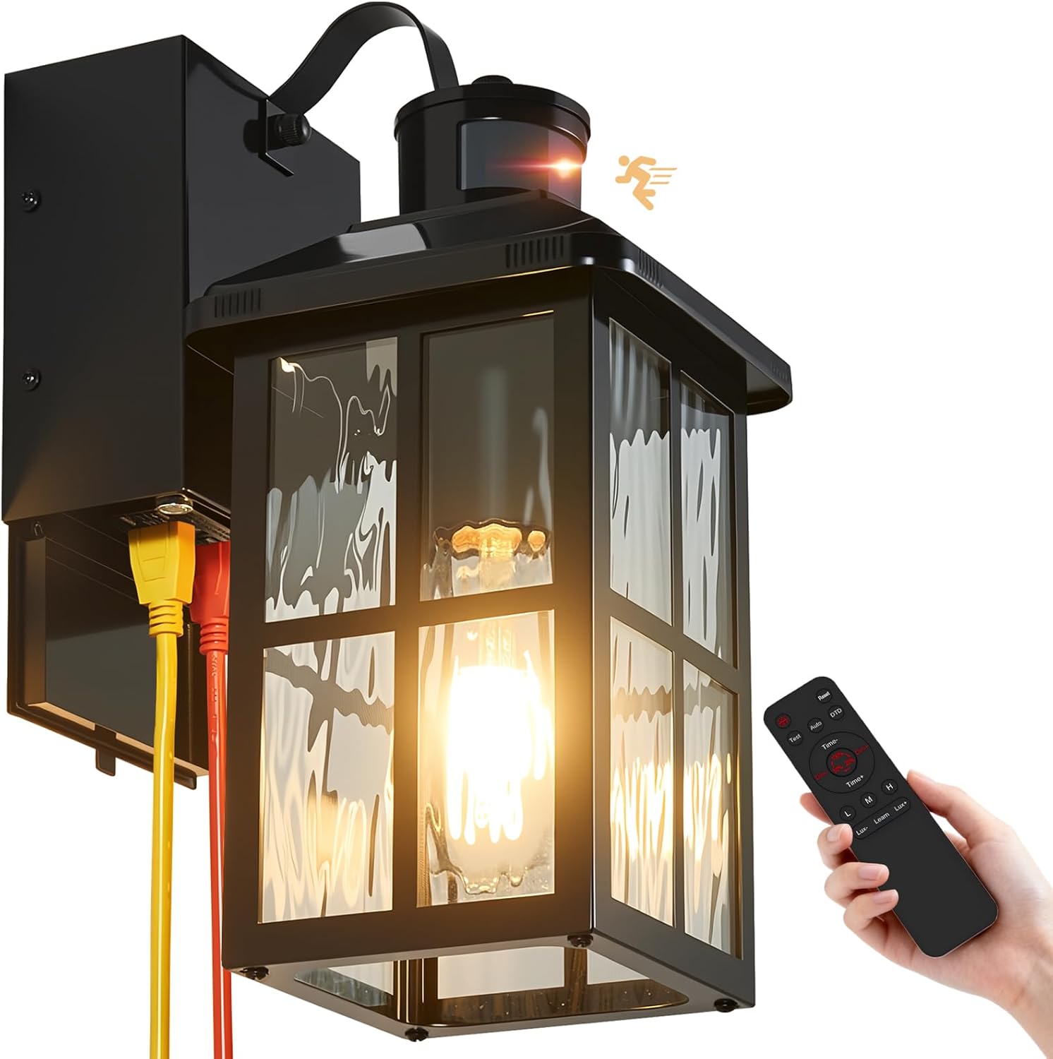 Porch Light with GFCI Outlet with Remote, Dusk to Dawn Outdoor Lighting with Outlet, Upgraded 4 Lighting Modes Motion Sensor Outdoor Lights, Waterproof Outside Lights for House Patio Garage Front Door