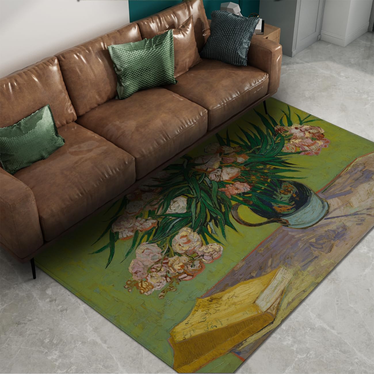 Tapis vert 120x150 lavable style vintage et impressionniste pour salon