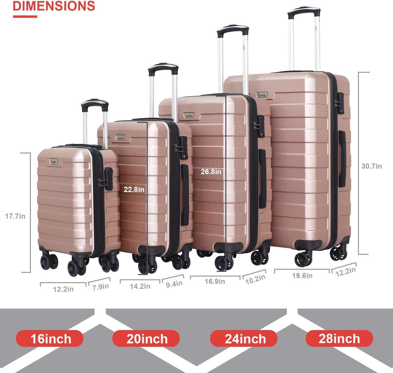Ceilo Travel 4 Piece Hardside Luggage Set With TSA Lock Sturdy Aluminum Handle Suitcase Spinner Double Wheels,Rose Gold,4-piece Set (16/20/24/28)
