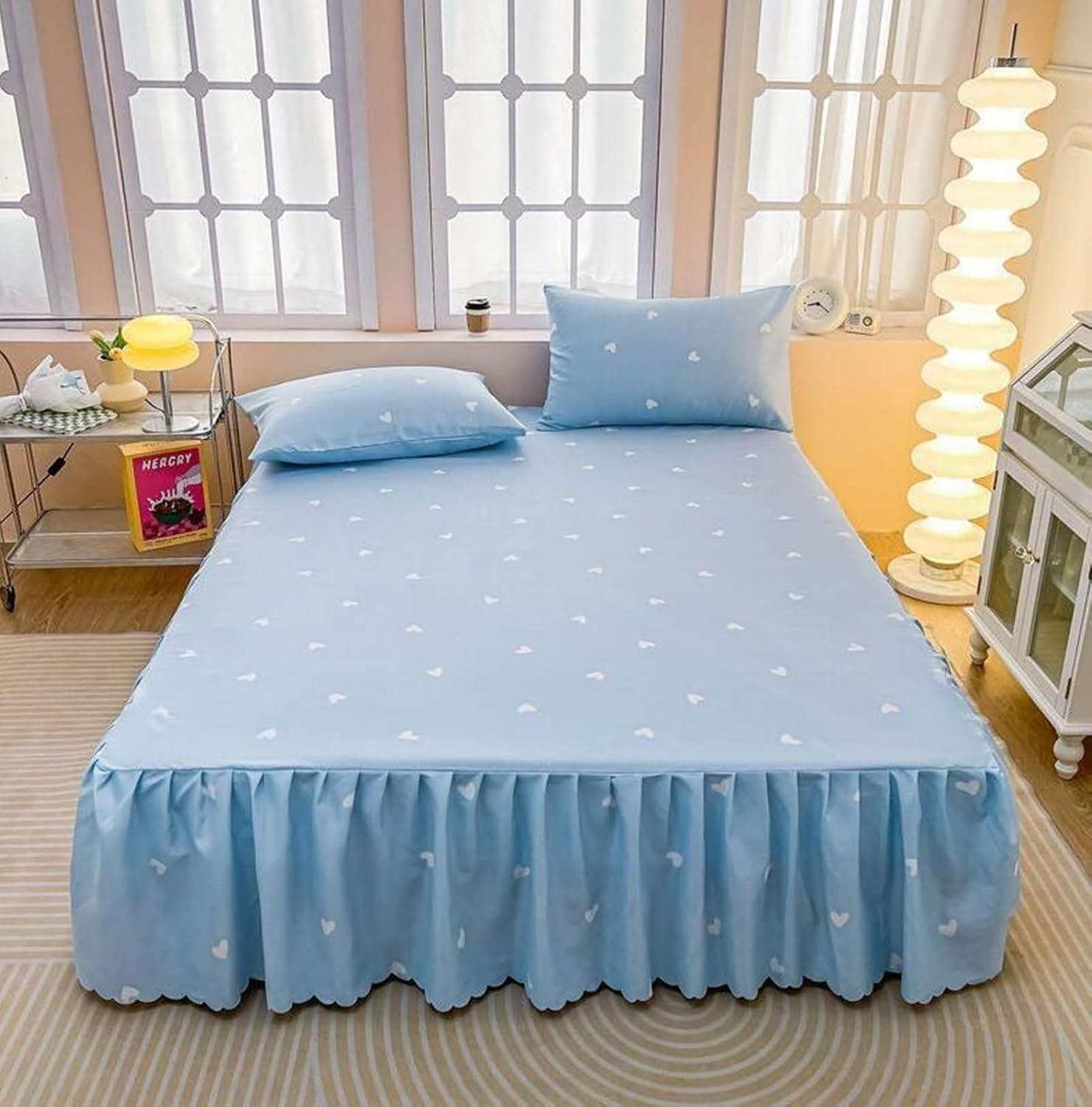 Beydodo Fitted Bed Sheets 120x200cm, Polyester Ruffles Bed Skirt Heart Pattern, Bed Fitted Sheet for Dorm