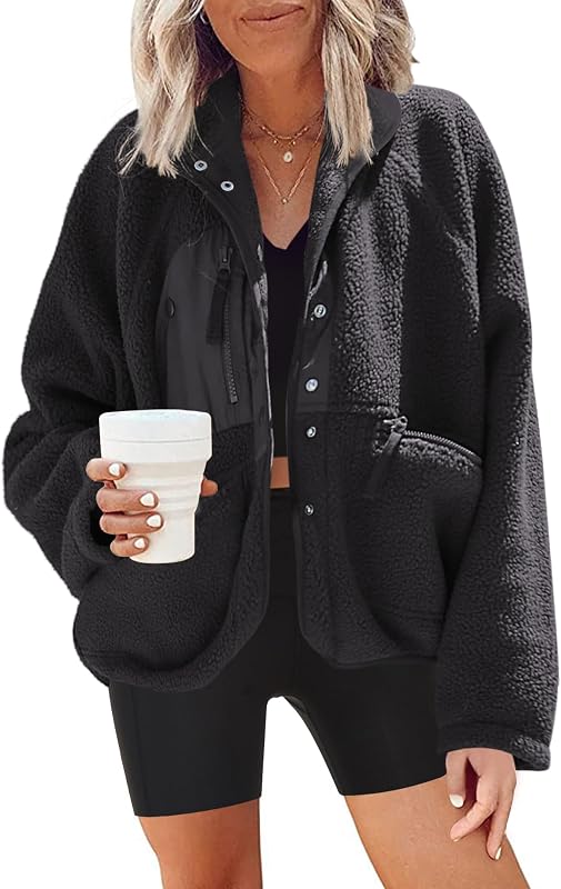 Nirovien campera Sherpa con Botones y Forro Polar Fuzzy para Mujer