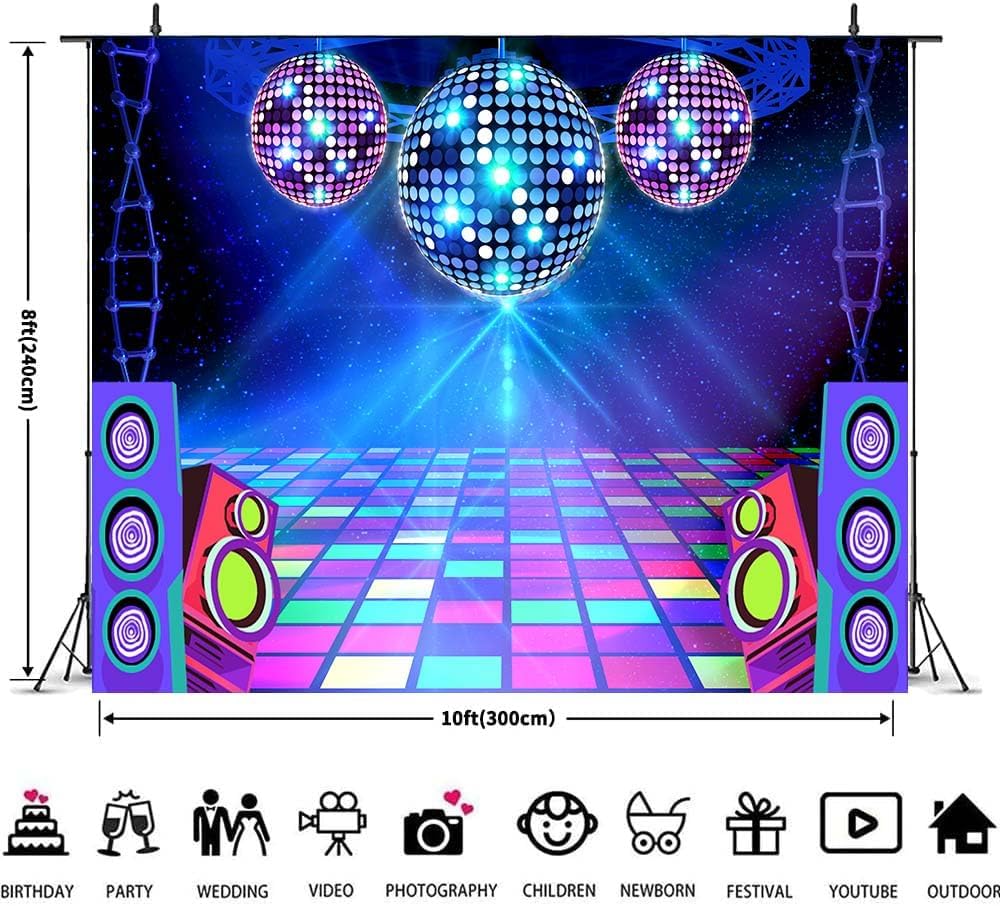 Disco Backdrop 10X8 ft Retro Glow Party 70s 80s 90s Theme Stage Dance Background Disco Party Decoration Disco Ball Banner Dance Party Backdrop for Birthday Party Prom Portrait Photo Props Polyester