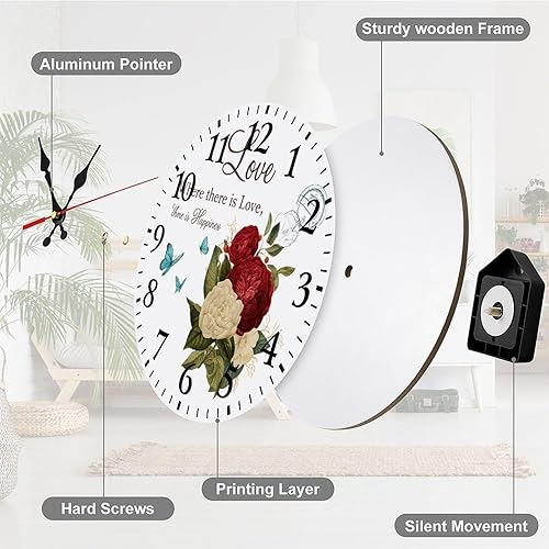 Miniatura 7 de Country Retro Red Roses Flower Wall Clocks Silent Non Ticking Wooden Clock Battery Operated Round Decor for Kitchen Livingroom Bedroom 12 Inch