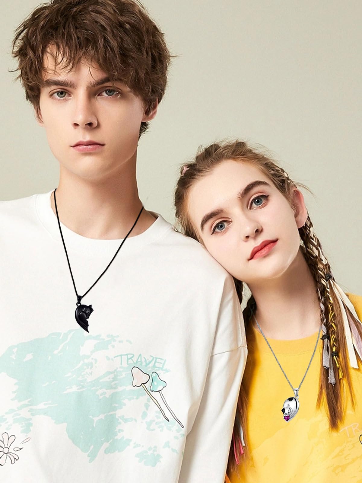 Matching Cat & Love Arrow Sterling Silver Cute Couples Heart Necklaces - Gifts for Couples: Couple Cat-July Birthstone
