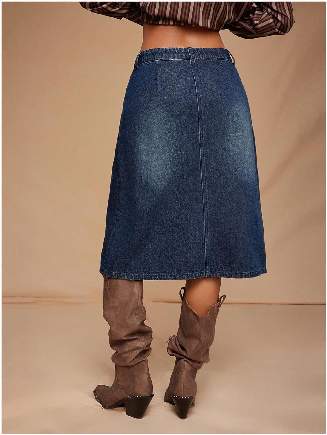 Women's Zipper Fly Washed Denim Skirt Flared A Line Long Skirt with Pockets - Image 3