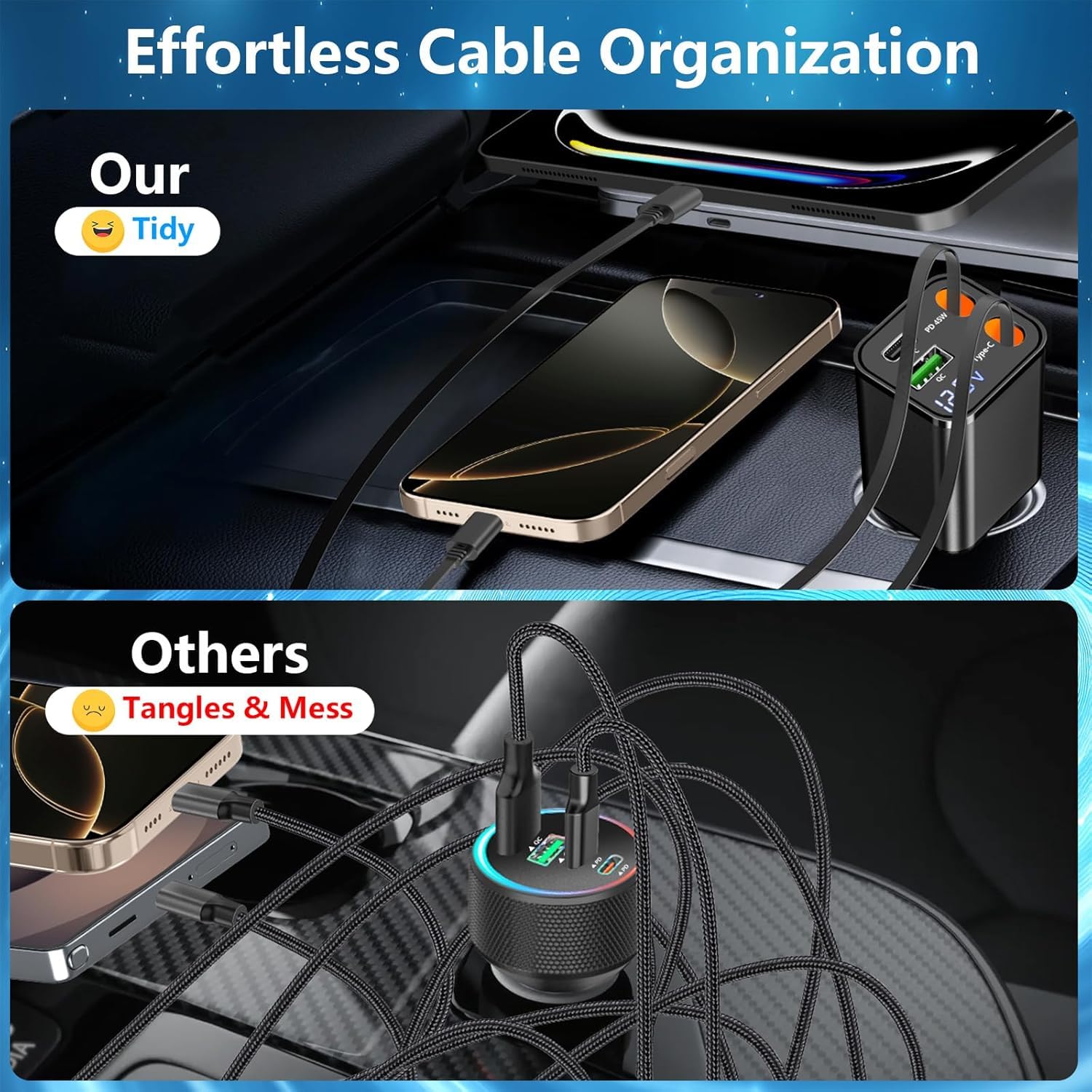 Caricatore da auto retrattile USB C, USB C caricabatteria da auto tipo C ricarica rapida adattatore accendisigari per iPhone 17/17 Pro Max/16 Pro/15/Galaxy S25/S24/Pixel