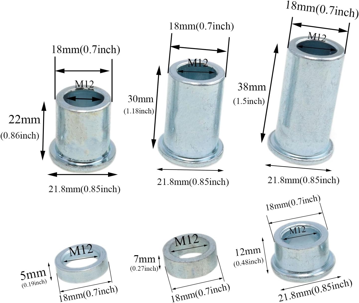 M12 Steel Spacers 10.9 Bolt Strength Sleeve Bushing Bike Axle Spacer Bicycle Accessories Dirtwheel Axle Hub Spacers Compatible with 12MM Shaft for 6 Lengths: 5/8/12/22/30/38mm 6pcs