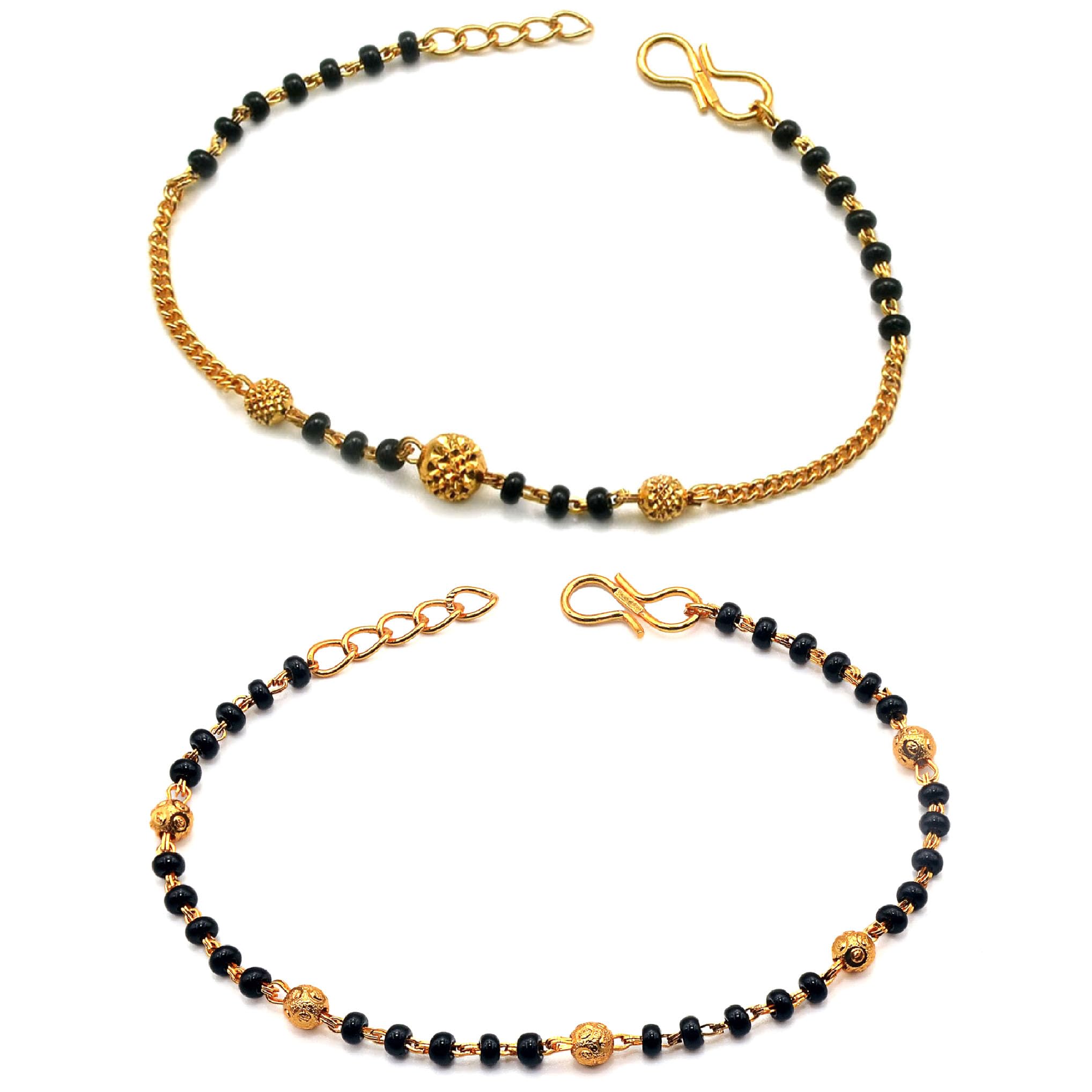 JHBGolden Gold-Plated Brass Bracelet 2 pis Combo for Women (Black Bead Hand Mangalsutra Bracelet)