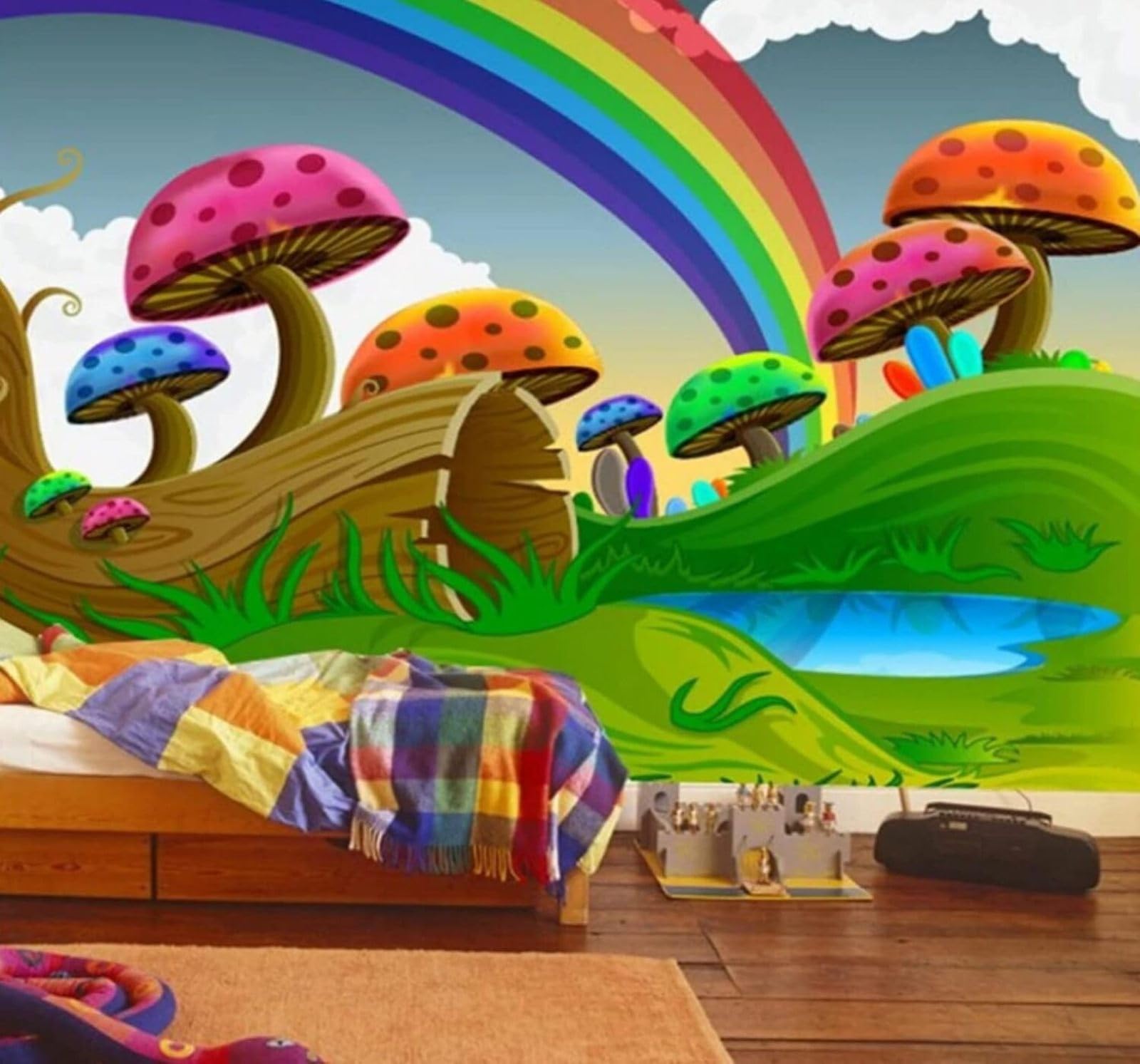 Wallpaper-3D-Xlm 300Cm×210Cm(B×H) Cartoon Cute Mushrooms Rainbow Landscape 3D Wallpaper Easy Install Feature Office Living Room Sofa Bedroom Tv Background Wall Decoration-300Cm×210Cm