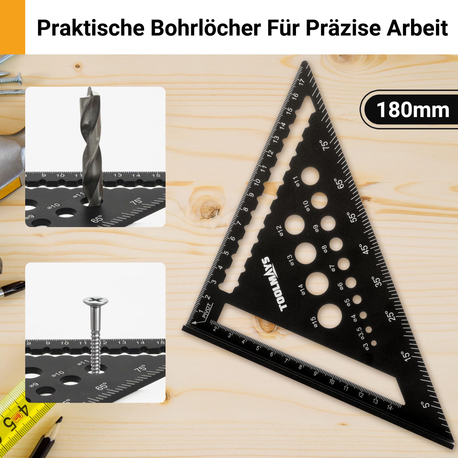 Zimmermannswinkel Set 300mm und 180mm, Präzises Winkelmesser mit abwischbare Notizzone, 45 und 90 Grad Aluminiumwinkel zum präzisen Zeichnen, Messen und Prüfen