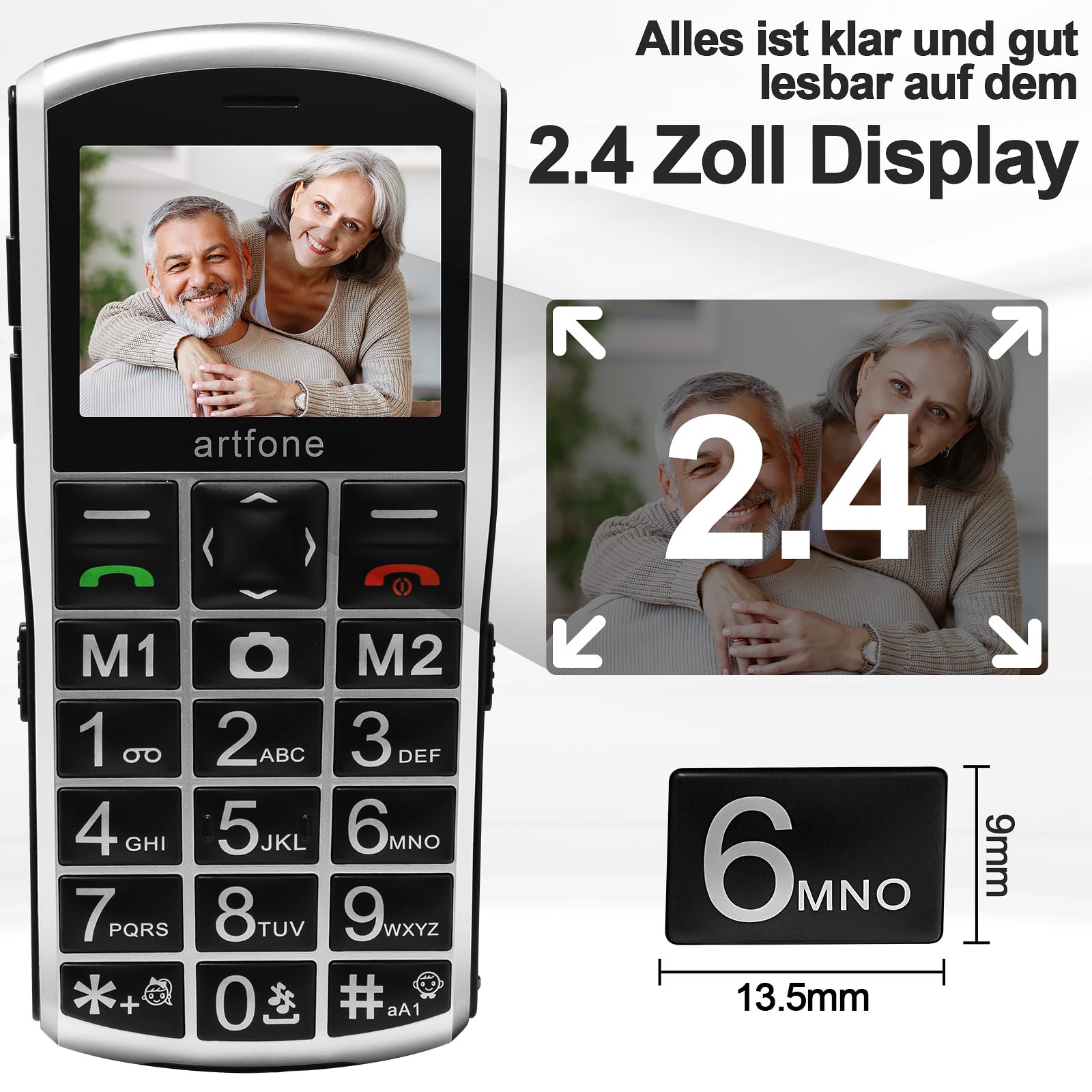 artfone A400 4G Seniorenhandy ohne Vertrag | 2,4 Zoll Farbdisplay | Dual SIM mit Notruftaste | Rentner Handy große Tasten | 1800 mAh Akku Lange Standby-Zeit | Großtastenhandy mit Ladestation
