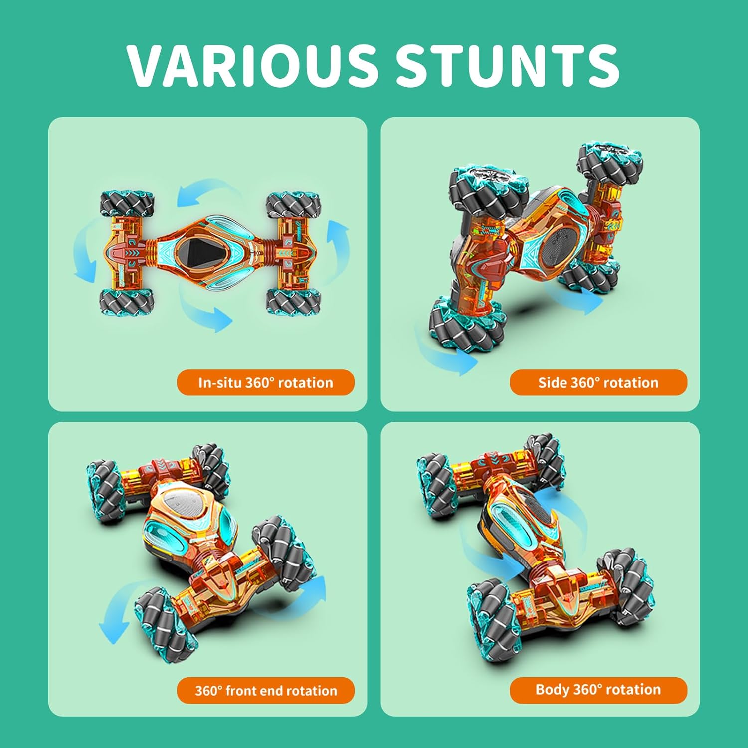 RC Car Gesture Hand Gesture Sensing RC Stunt Double-Side Flip 360° All-Round Rotation Drift Twist Car with Light Music for Boys Kids Birthday Xmas Gift Transparent Green Rc Car image 2 of 7 B0DB7TRTDC