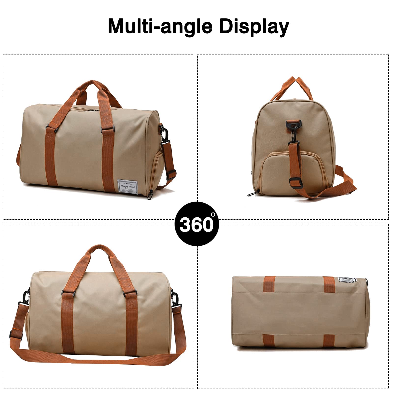 FANDARE Borsone da Viaggio Borsone Palestra Sportiva Borsa Palestra Borsa Sportiva Weekender Donna Uomo Piscina Palestra Borsa a Spalla Grande Capacità Borsa a Tracolla con Scomparto Scarpe Cachi