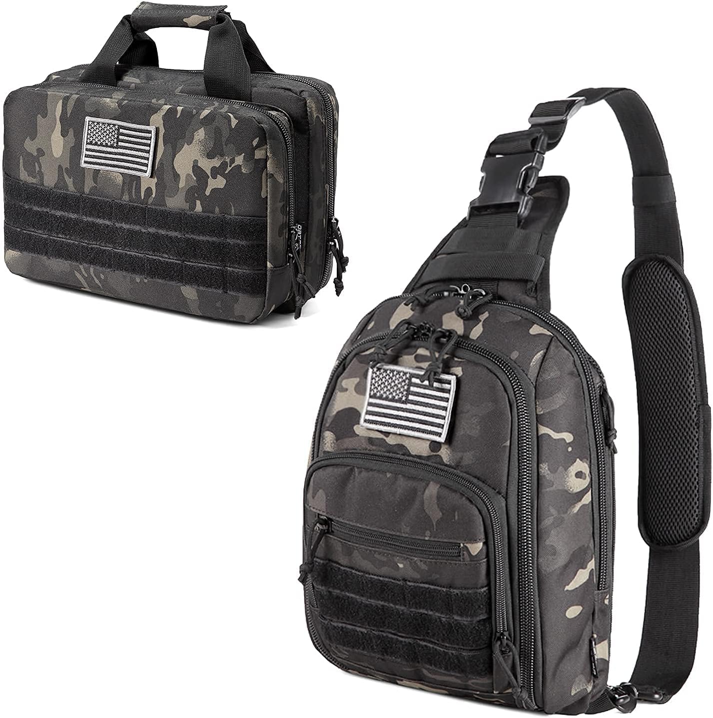 DBTAC Concealed Carry Sling Bag Small (Black Camo) + Range Bag XS Size (Black Camo), Lockable Zipper, Durable Material, Compact Design