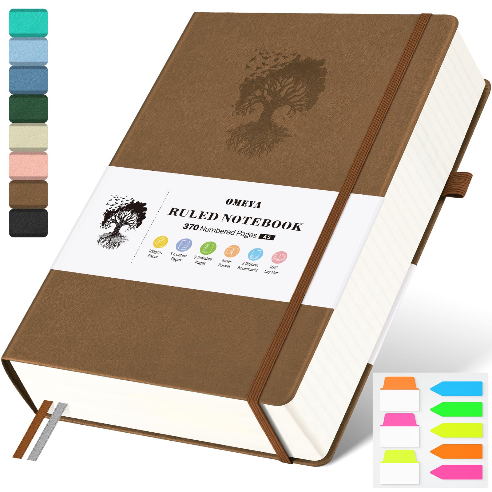 A5 Lined Journal Notebook, 370 Numbered Pages Thick Leather Journal for Writing, College Ruled Hardcover Notebook for Work,School with 100gsm Paper, Writing Journal for Women,Men (5.75" x 8.38" Brown)